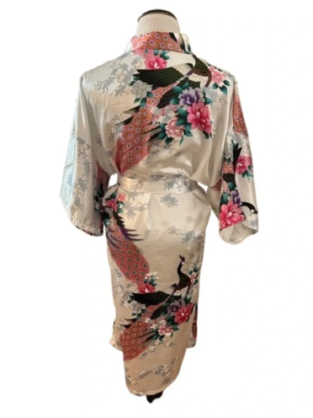 Women’s White and Pink Floral Peacock Kimono Robe Size OS